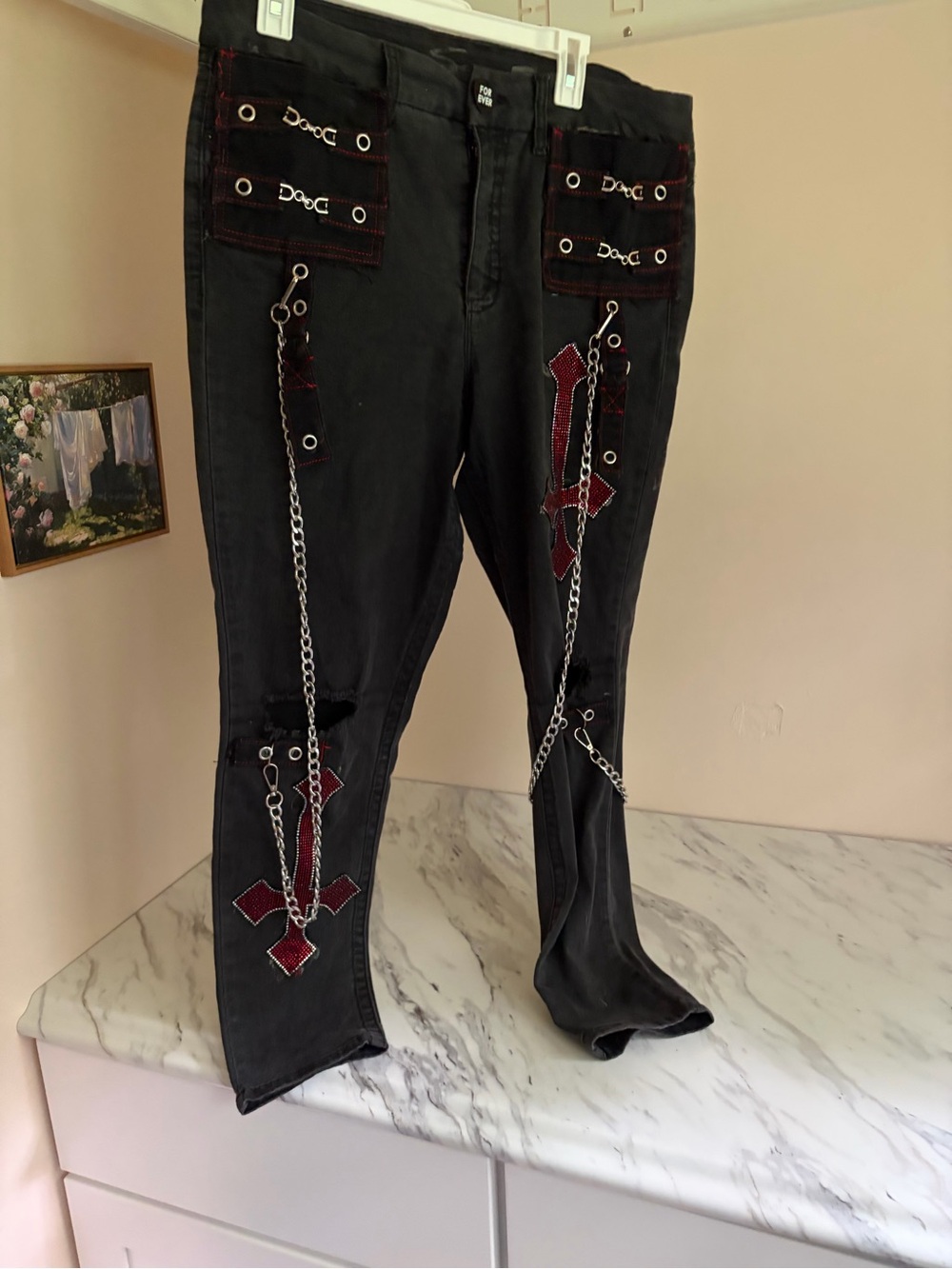 Seven7 Gothgirl Rhinestone Cross Distressed Jeans w/ Chains- size 16